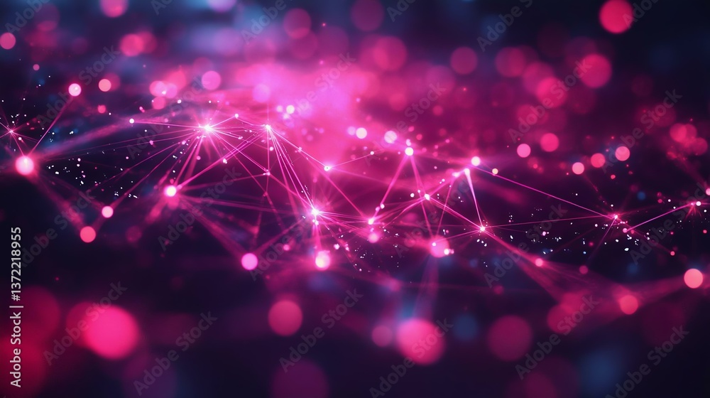 Obraz premium Vibrant abstract background featuring interconnected glowing nodes and lines in pink and blue hues, perfect for technology and digital concepts.