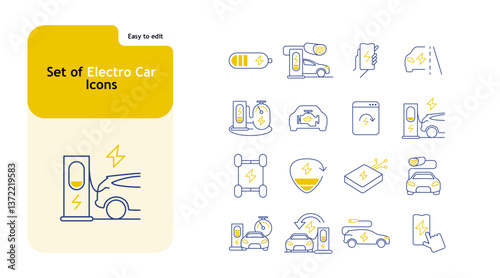Electric car charging line icons. Ev parking and Battery charger set 