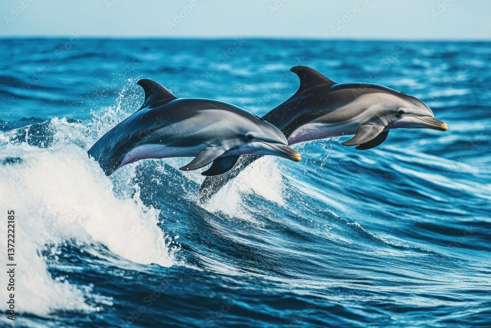 Fototapeta premium A Leap of Freedom (dolphins jumping over ocean waves) 
