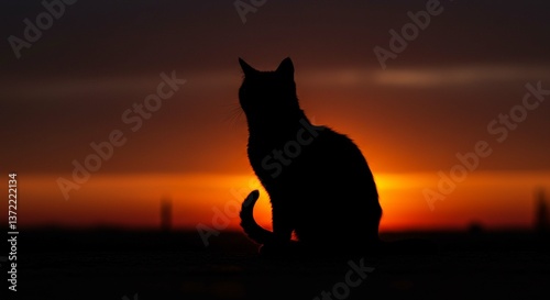 Majestic Cat Silhouette at Sunset Serene Orange Sky Feline Backlit