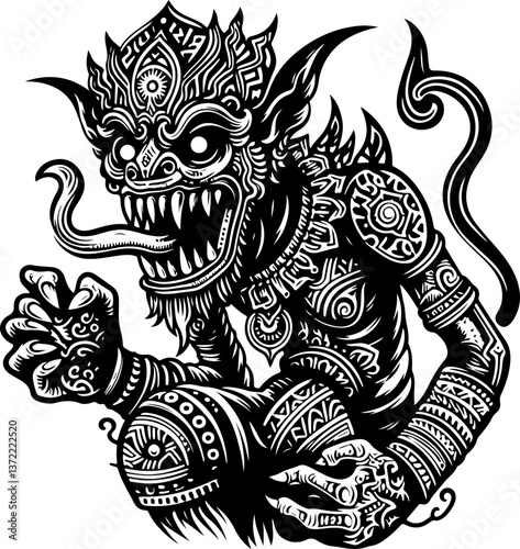 sketch vector illustration silhouette design icon logo symbol monochrome black white demon ghost zombie ethnic traditional with scary aura 