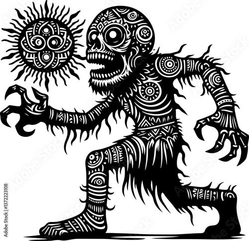 sketch vector illustration silhouette design icon logo symbol monochrome black white demon ghost zombie ethnic traditional with scary aura  