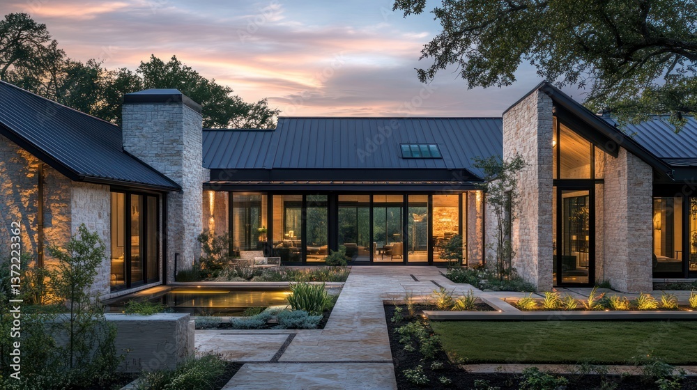 Modern home patio at sunset, showcasing architectural design Modern home patio at sunset, showcasing architectural design