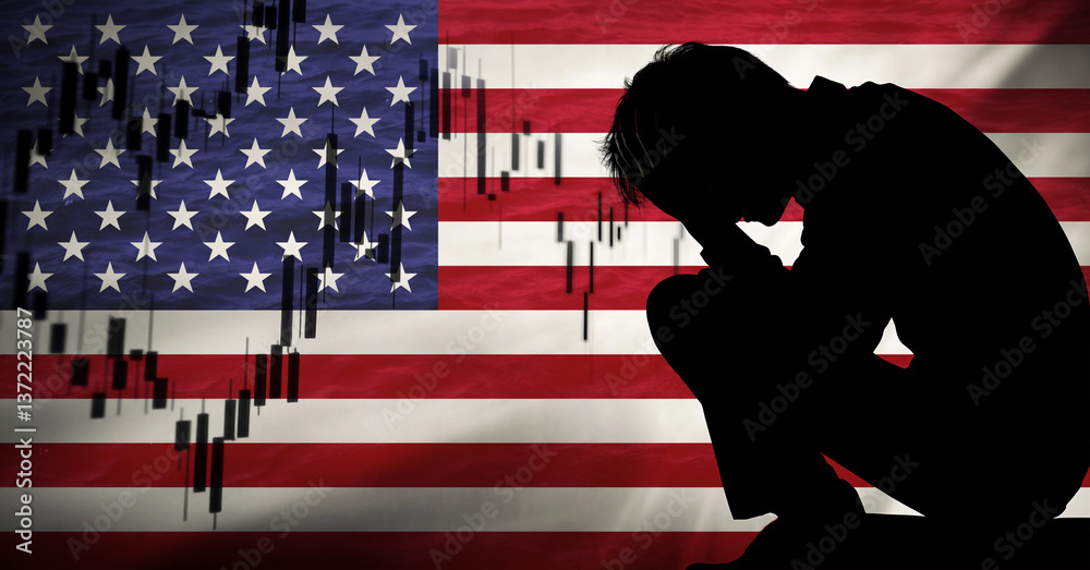 A silhouette of a man standing in front of a declining economic chart, symbolizing the USA unemployment crisis during a recession. The American flag is in the background