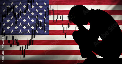 Obraz na płótnie A silhouette of a man standing in front of a declining economic chart, symbolizing the USA unemployment crisis during a recession. The American flag is in the background w salonie