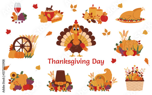 Autumn thanksgiving set. Set of autunm thanksgiving illustrations and elements. Collection of thanksgiving cliparts. Autumn thanksgiving concept.
