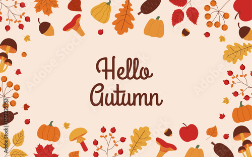 Autumn background with leaves, mushrooms, pine cones, berries, nuts and lettering. Autumn banner. Autumn concept.