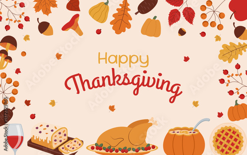 Autumn thanksgiving background. Banner with autunm thanksgiving illustrations and elements. Autumn background. Autumn concept.