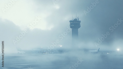 Airport control tower and airplanes shrouded in heavy mist on a cloudy day