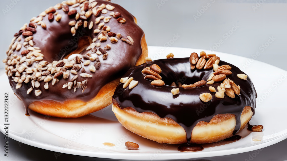 Pączki z czekoladową polewą i ziarnami – apetyczne zdjęcia deserów na białym tle