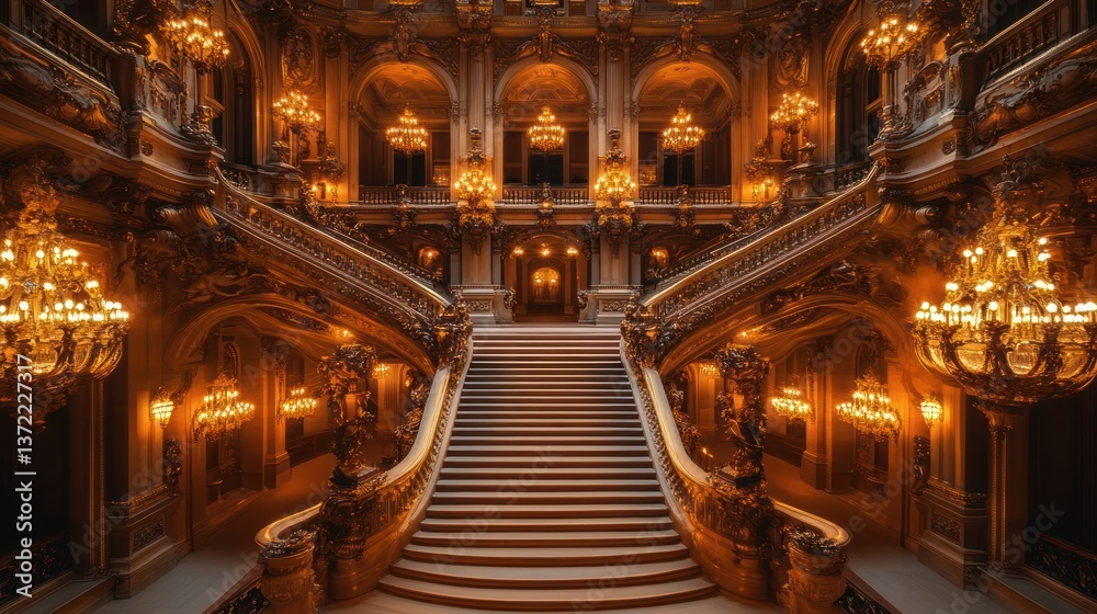 Ornate Golden Staircase in Grand Hall Ornate Golden Staircase in Grand Hall
