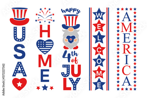 4th of July vertical porch signs. Vector illustration for decoration door, background, posters, and other designs. Independence Day welcoming greeting