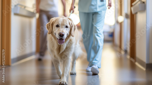 Nurse walking a therapy dog down a hospital hallway  
