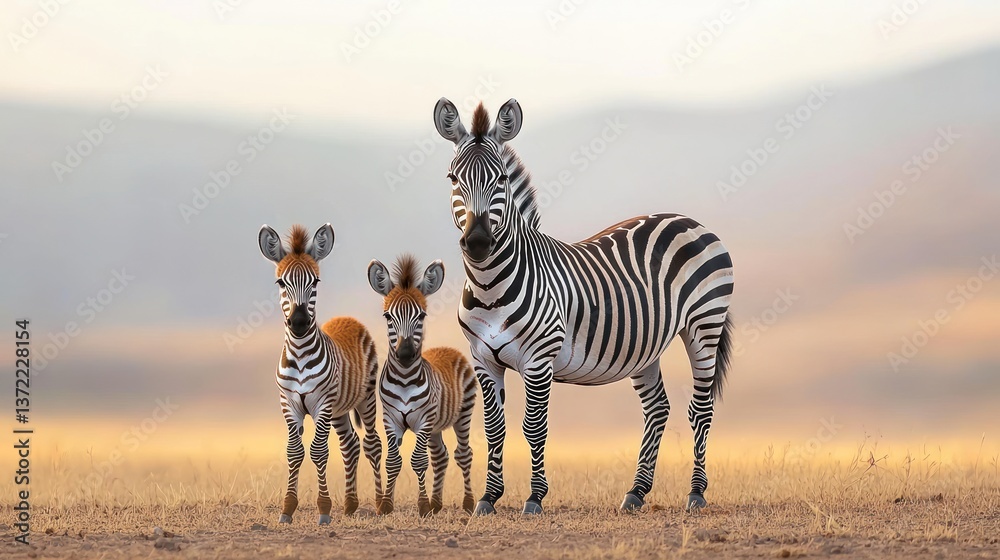 Obraz premium Zebra Family in Golden Light