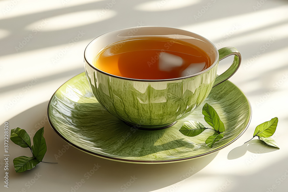 Green cup with a green saucer sits on a table. The cup is filled with tea and has a few leaves on the saucer. Concept of relaxation and calmness Green cup with a green saucer sits on a table. The cup is filled with tea and has a few leaves on the saucer. Concept of relaxation and calmness