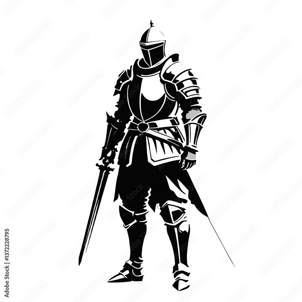 Black and White Illustration of a Knight in shining armor stands ready for battle with sword drawn Black and White Illustration of a Knight in shining armor stands ready for battle with sword drawn
