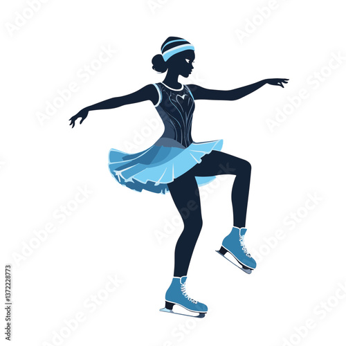 Elegant ice skater performing a graceful spin on the rink with a shimmering blue dress in a winter park