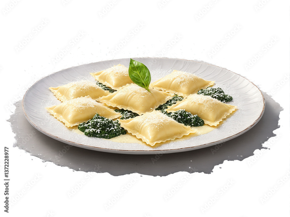 Ravioli - Delicate Ravioli filled with ricotta and spinach, served with a creamy sauce and a sprinkle of parmesan, soft Ravioli - Delicate Ravioli filled with ricotta and spinach, served with a creamy sauce and a sprinkle of parmesan, soft