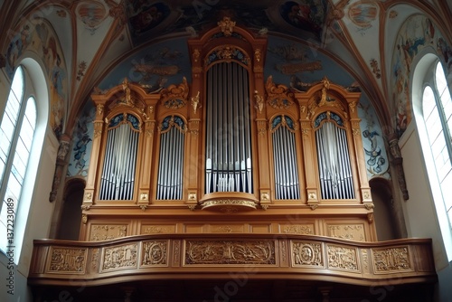 Majestic pipe organ standing in a church with frescoes on the walls and ceiling