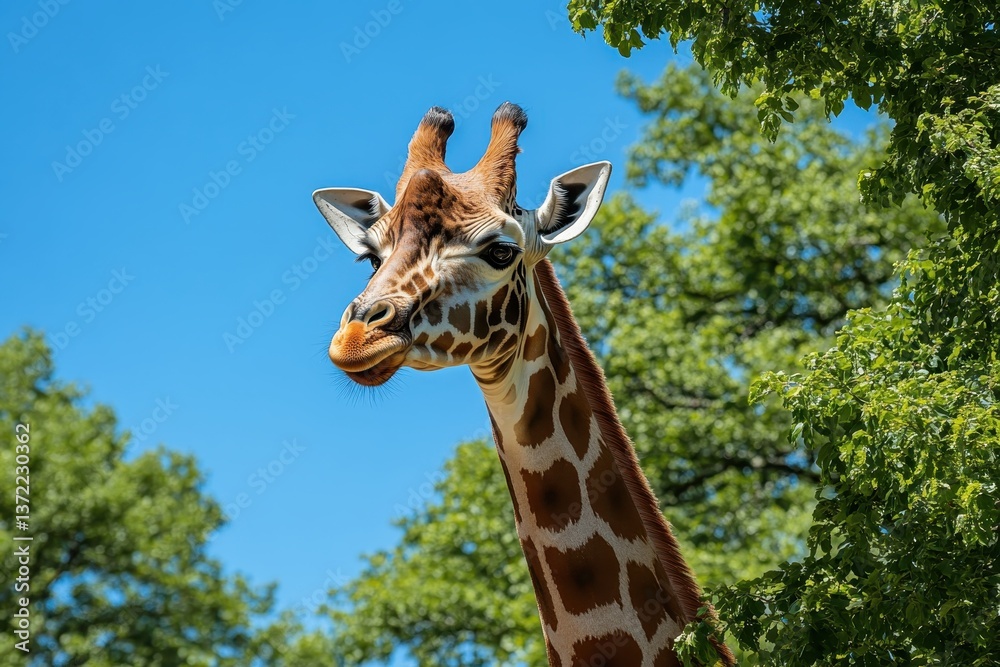 Fototapeta premium The Gentle Giant (giraffe reaching for the treetops) 