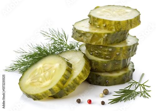 very realistic photo of a stack of sliced dill pickles on a white background, product photo style, highly detailed