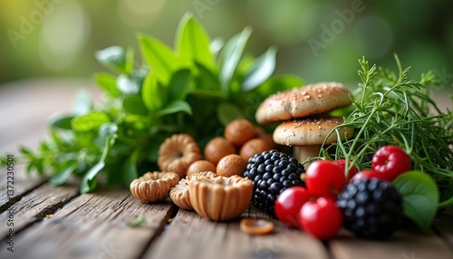 Fresh herbs, berries, and baked goods arranged on a rustic wooden table in natural light