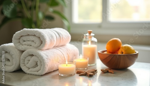 Relaxing spa setup with towels, candles, and fresh fruit arranged on a countertop