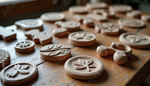 Collection of handcrafted clay stamps displayed on wooden table in artisan workshop