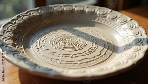 Decorative ceramic plate showcasing intricate patterns on a wooden table in natural light