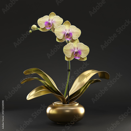 Golden Orchid in Luxury Vase, Elegant Gold Orchid Floral Art, 3D Exotic Orchid Decoration