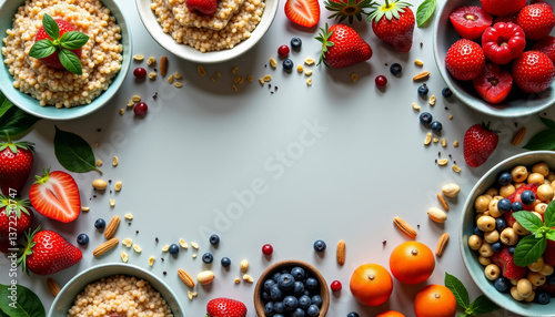 Colorful display of fresh fruits and healthy bowls on a neutral surface at a bright kitchen setting