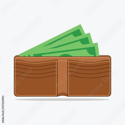 Brown Color Leather Wallet and stack of money vector illustration with White background  