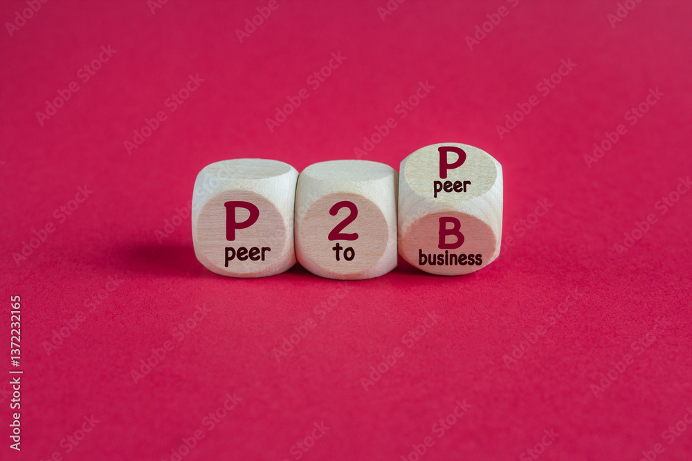 Dices form the expression P2P Peer To Peer and P2B Peer To Business). Beautiful red background. Business concept.