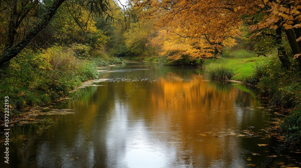 Fototapeta premium Nature’s stillness is captured in the quiet waters, where seasonal colors and soft light offer a soothing visual canvas.