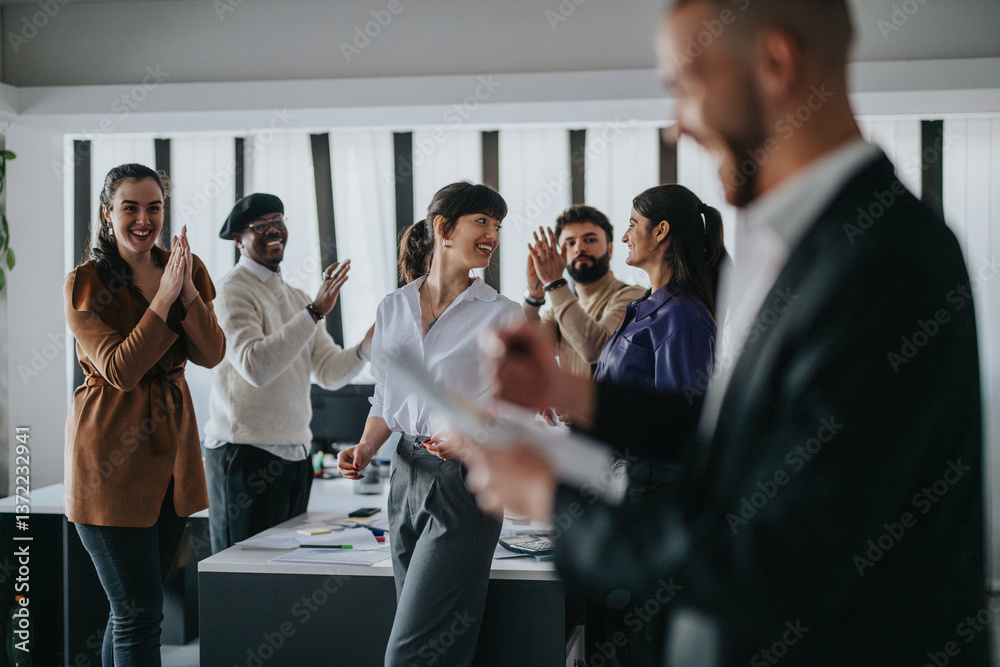 A motivated group of professionals engaging in teamwork during a joyful business meeting, expressing teamwork and celebration.