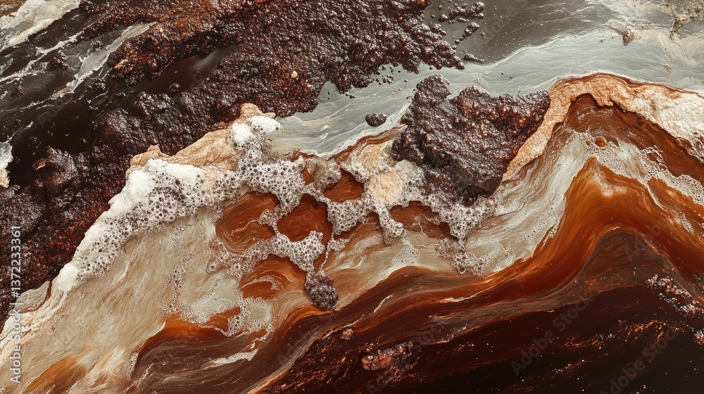 Obraz premium The smooth flow of the river contrasts beautifully with the rusty reds and golds of the iron-laced stones beneath.