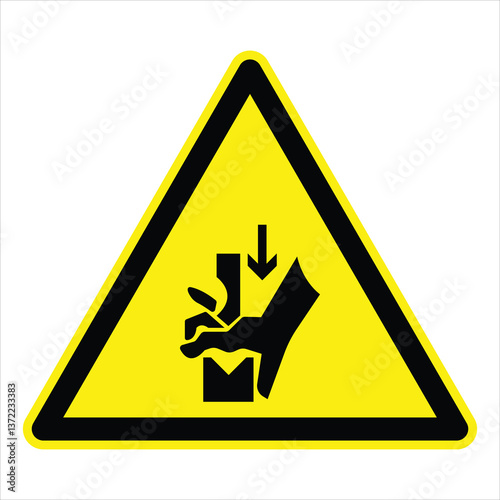 Yellow triangular warning sign showing hand crushing hazard