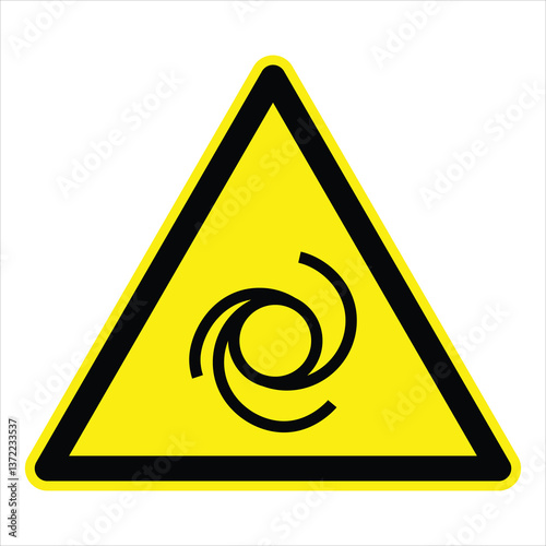 Yellow triangular warning sign featuring rotating blades, symbolizing potential danger