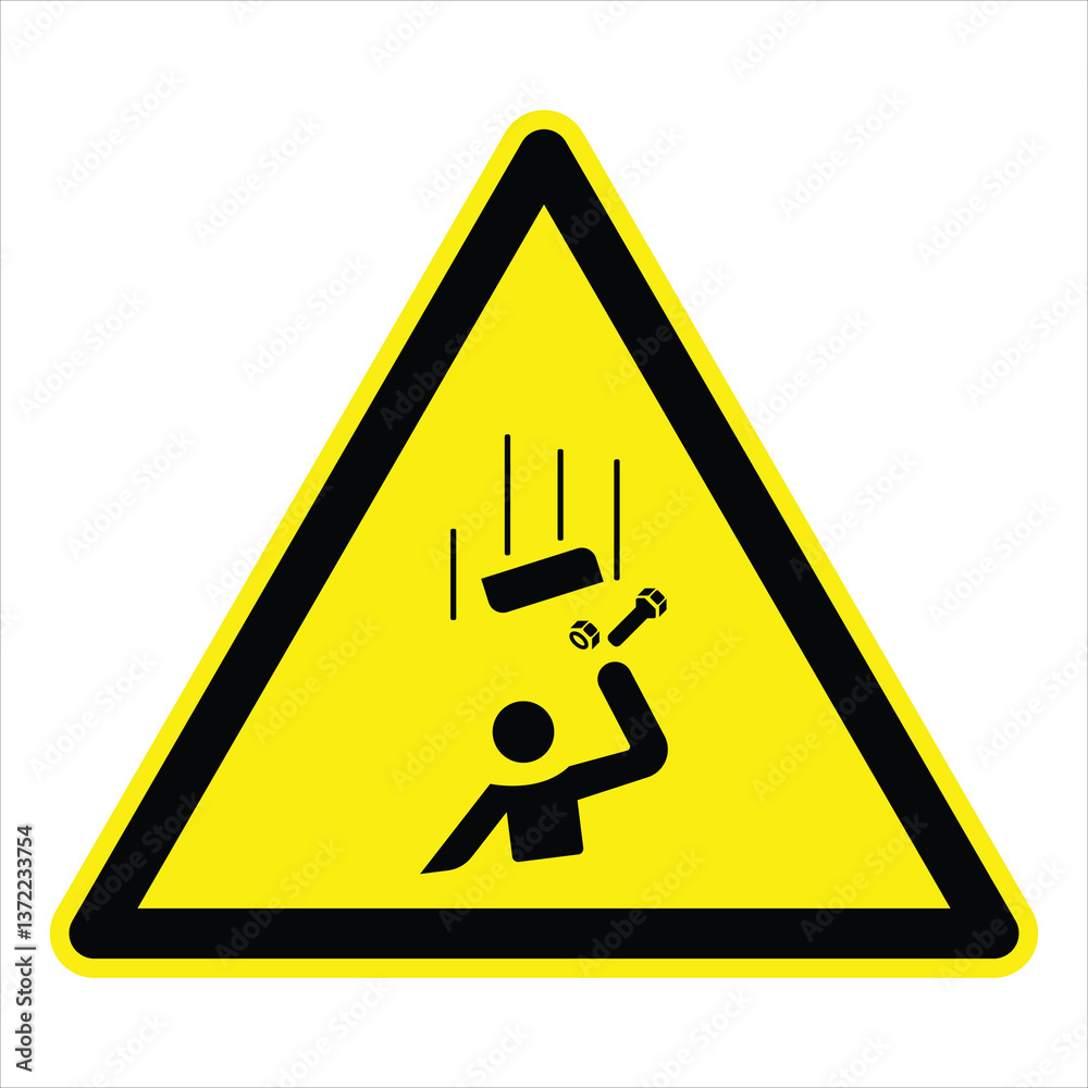Yellow triangular warning sign depicting falling objects and a worker protecting himself, promoting workplace safety Yellow triangular warning sign depicting falling objects and a worker protecting himself, promoting workplace safety