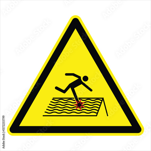 Yellow triangular warning sign indicating risk of falling through fragile roof material