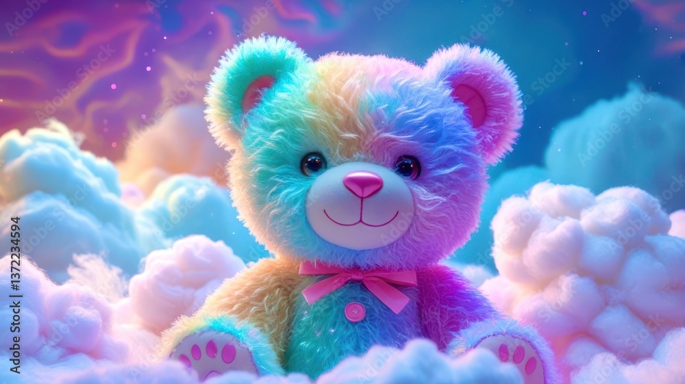 Fototapeta premium Colorful Teddy Bear in a Dreamlike Cloudy Background
