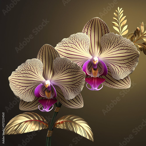Luxury Golden Orchid, Elegant 3D Orchid with Gold Leaves