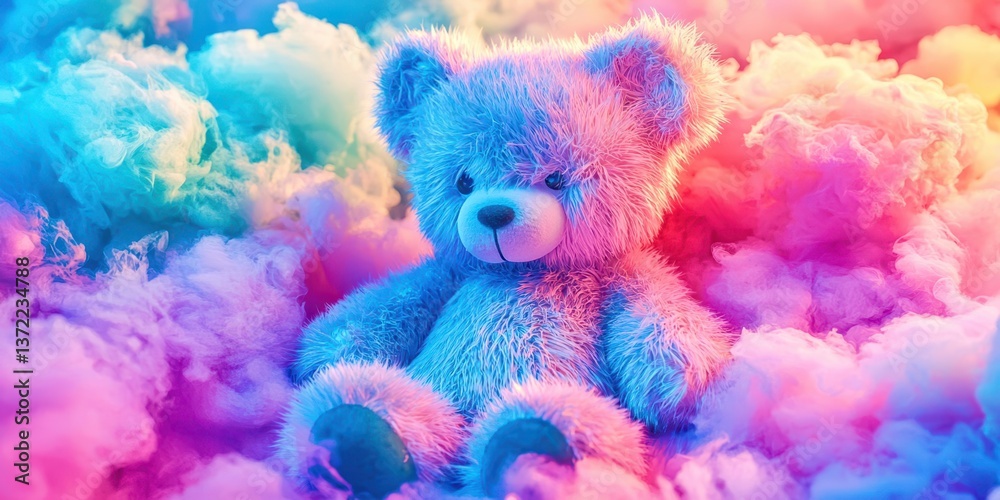 Fototapeta premium Colorful Teddy Bear in a Dreamlike Cloudy Background