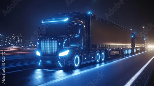 logistics infrastructure driving growth. Futuristic truck on a highway illuminated at night.