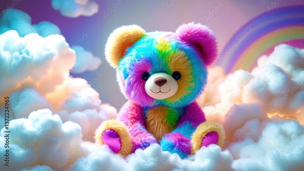 Fototapeta premium Colorful Teddy Bear in a Dreamlike Cloudy Background