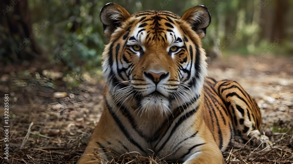Fototapeta premium Majestic Tiger Sitting Proudly in the Heart of a Lush Forest, Facing Forward. A Powerful and Graceful Predator in Its Natural Habitat, Captured in a Moment of Tranquility.