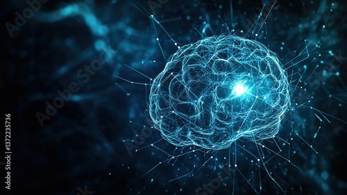 Glowing digital AI brain with intricate neural connections, symbolizing artificial intelligence, technology innovation, and data security concepts.
