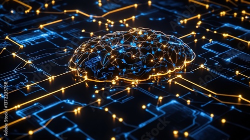Glowing digital AI brain with intricate neural connections, symbolizing artificial intelligence, technology innovation, and data security concepts.
