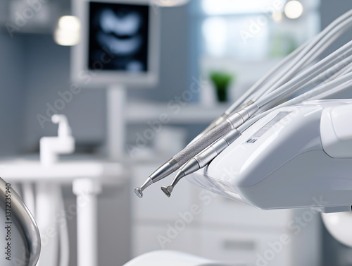 Closeup of dental tools in clean bright clinic environment