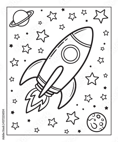 Rocket in space coloring page for kids, black line art vector illustration on white background